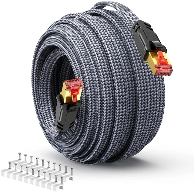 Main image of Cat 8 Ethernet Cable 100 FT,Snowkids High Speed 40Gbps,2000Mhz Braided High Duty LAN Cable,Gold Plated RJ45 Connector,S/FTP Shielded Indoor Flat 26AWG Network Cable for Modem/Router/ps-3/4/5/Gaming/PC