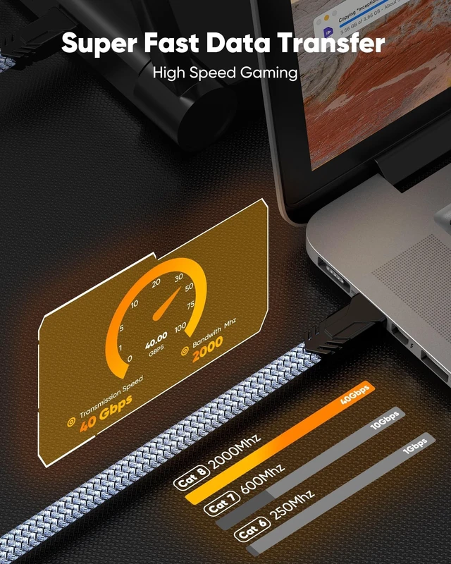 Alt view image 2 of 5 - Cat 8 Ethernet Cable 100 FT,Snowkids High Speed 40Gbps,2000Mhz Braided High Duty LAN Cable,Gold Plated RJ45 Connector,S/FTP Shielded Indoor Flat 26AWG Network Cable for Modem/Router/ps-3/4/5/Gaming/PC