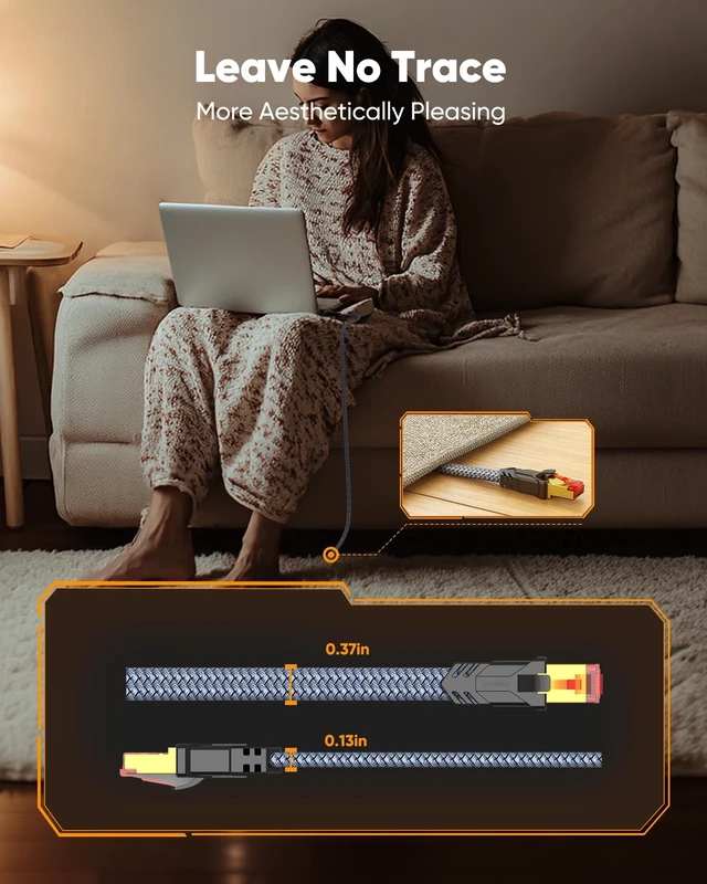 Alt view image 5 of 5 - Cat 8 Ethernet Cable 100 FT,Snowkids High Speed 40Gbps,2000Mhz Braided High Duty LAN Cable,Gold Plated RJ45 Connector,S/FTP Shielded Indoor Flat 26AWG Network Cable for Modem/Router/ps-3/4/5/Gaming/PC