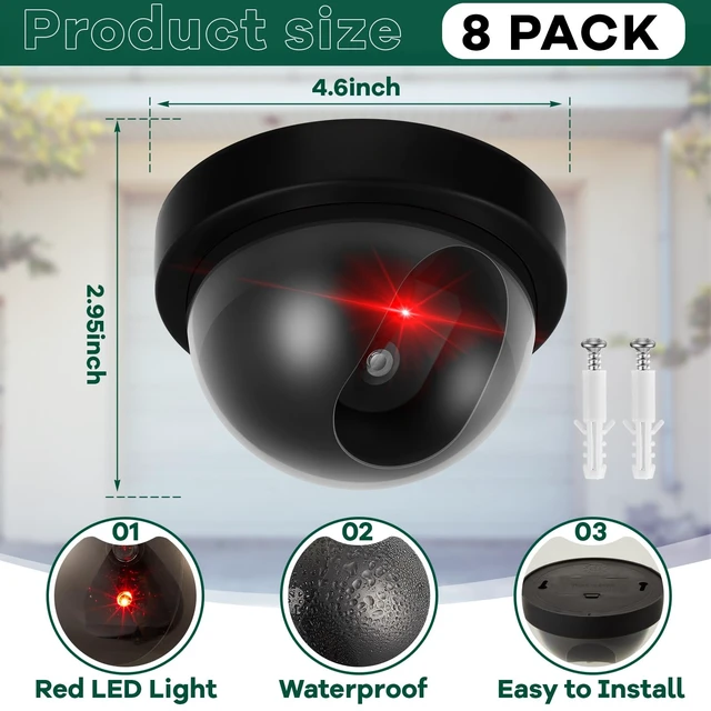 Alt view image 2 of 5 - 8 Pack Fake Security Cameras, Dummy CCTV Dome with Flashing Red LED,Black