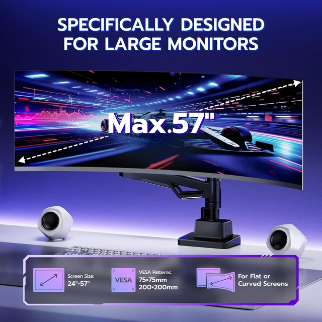 Alt view image 2 of 5 - ARES WING Heavy Duty Gas Spring Ultrawide Monitor Arm 57" 66Lbs VESA Mount