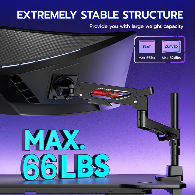 Alt view image 3 of 5 - ARES WING Heavy Duty Gas Spring Ultrawide Monitor Arm 57" 66Lbs VESA Mount