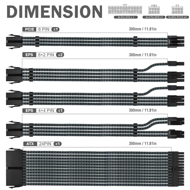 Alt view image 2 of 5 - Thzzhnno 18AWG PSU Cable Extension GPU PC Power Supply Braided Cables, 1x24Pin ATX/1x8Pin(4+4) EPS/2x8Pin(6+2) PCIE Extension Cable -30CM