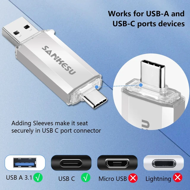 Alt view image 5 of 5 - SANKESU 2 Pack 128GB USB C Flash Drive 2 in 1 OTG USB 3.0, USB-A & Type-C Thumb Drive, Dual Memory Sticks Compatible with PC, Laptop, Type C Cell Phone and Tablet (White/Blue)