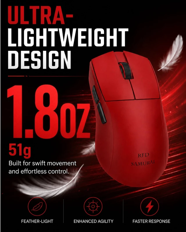 Alt view image 3 of 5 - RED SAMURAI Wireless Gaming Mouse, 51g Ultra-Light, Tri-Mode,Red