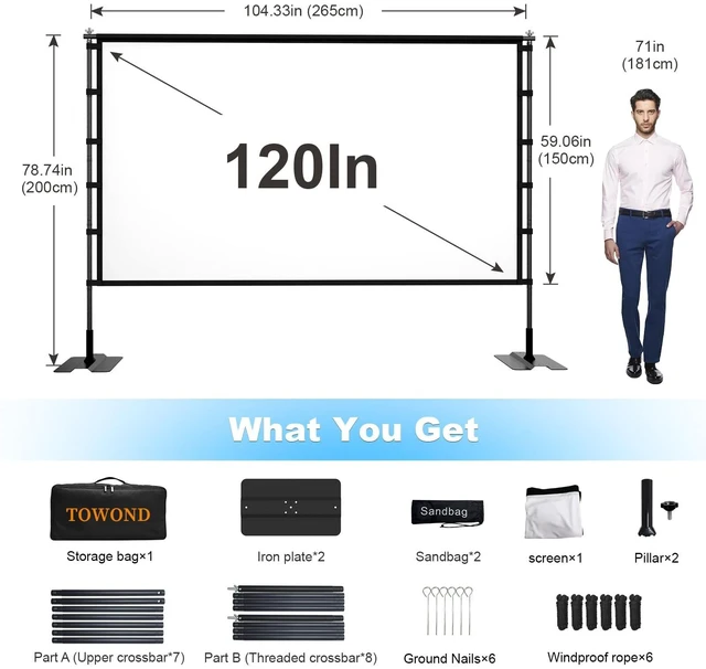 Alt view image 3 of 5 - TOWOND 120 inch Projector Screen with Stand, Outdoor Movie Screen for Backyard and Camping, 4K HD 16:9 Anti-Crease Portable with Carry Bag for Sports Viewing Parties - Support Double Sided