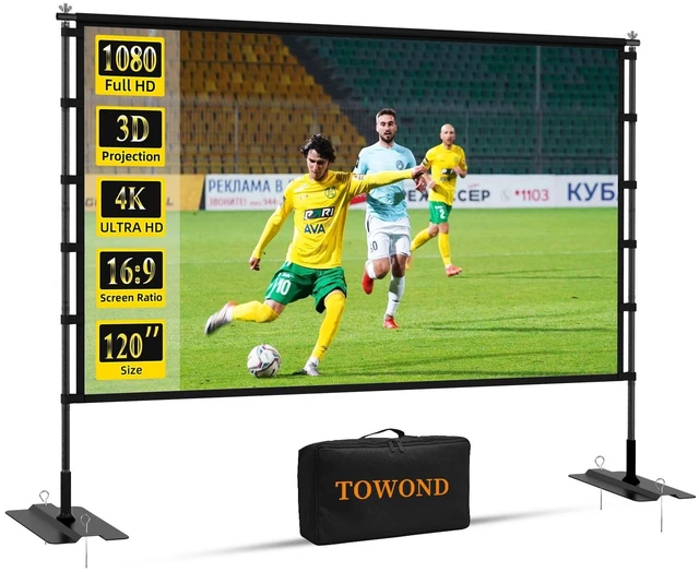 Main image of TOWOND 120 inch Projector Screen with Stand, Outdoor Movie Screen for Backyard and Camping, 4K HD 16:9 Anti-Crease Portable with Carry Bag for Sports Viewing Parties - Support Double Sided