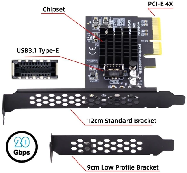 Alt view image 5 of 5 - Xiwai USB 3.0 Type-A & USB-C Type-C Female to USB 3.1 Type-E Male Front Panel Header Motherboard Extension Data Adapter (Black PCI-E Card 20Gbps)