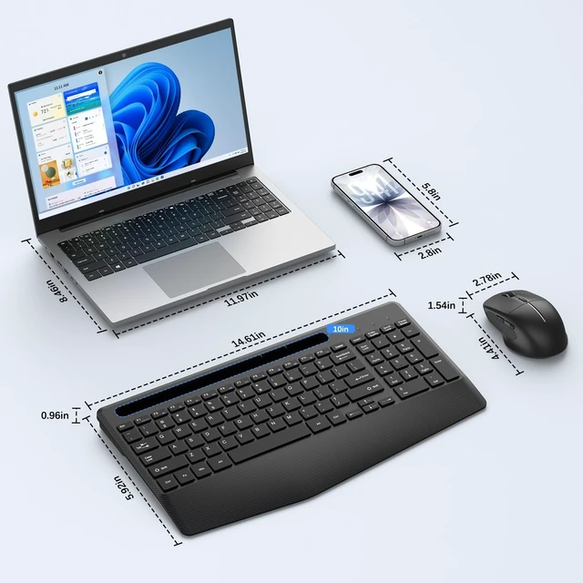 Alt view image 2 of 5 - Rechargeable Silent Wireless Keyboard and Mouse Combo, Ergonomic Wrist Rest & Phone Tablet Holder, USB-C Adapter Included, 2.4G Lag-Free Cordless Set for Windows Mac Laptop PC Home Office (Blac