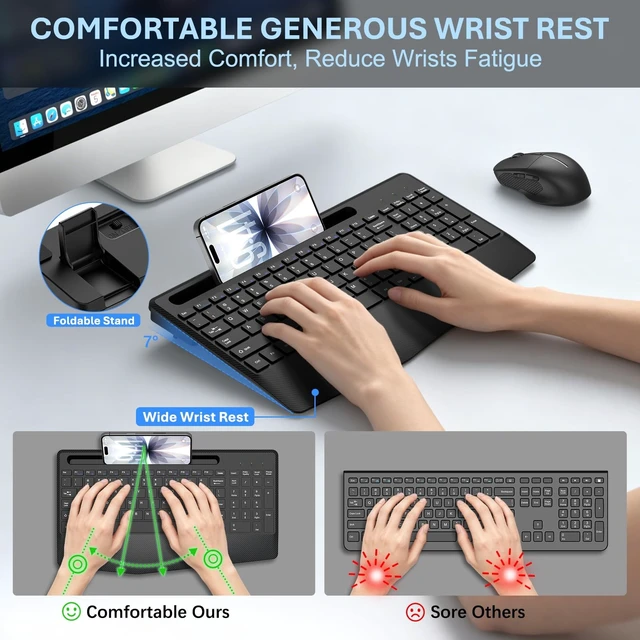 Alt view image 3 of 5 - Rechargeable Silent Wireless Keyboard and Mouse Combo, Ergonomic Wrist Rest & Phone Tablet Holder, USB-C Adapter Included, 2.4G Lag-Free Cordless Set for Windows Mac Laptop PC Home Office (Blac
