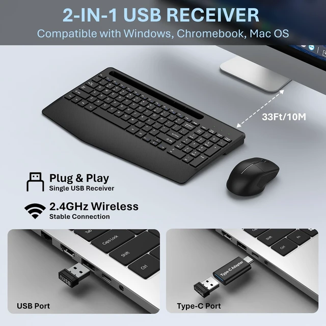 Alt view image 4 of 5 - Rechargeable Silent Wireless Keyboard and Mouse Combo, Ergonomic Wrist Rest & Phone Tablet Holder, USB-C Adapter Included, 2.4G Lag-Free Cordless Set for Windows Mac Laptop PC Home Office (Blac