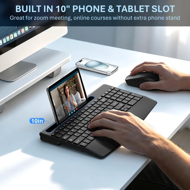 Alt view image 5 of 5 - Rechargeable Silent Wireless Keyboard and Mouse Combo, Ergonomic Wrist Rest & Phone Tablet Holder, USB-C Adapter Included, 2.4G Lag-Free Cordless Set for Windows Mac Laptop PC Home Office (Blac