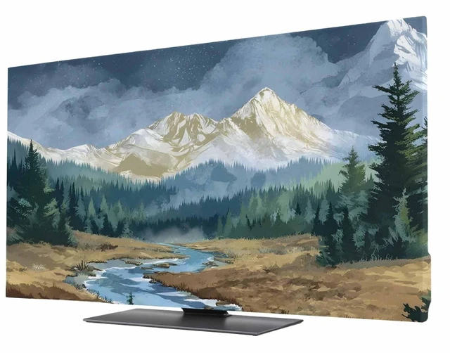 Main image of Snow Mountain TV Cover Indoor Elastic TVs Screen Protector, Farmhouse Green Forest Monitor Covers Inside Dust Proof Slipcover, Blue Sky River Modern 65 Inch TV Cover for Flat or Curved TVs
