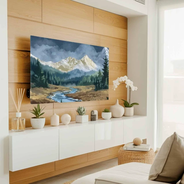 Alt view image 2 of 5 - Snow Mountain TV Cover Indoor Elastic TVs Screen Protector, Farmhouse Green Forest Monitor Covers Inside Dust Proof Slipcover, Blue Sky River Modern 65 Inch TV Cover for Flat or Curved TVs