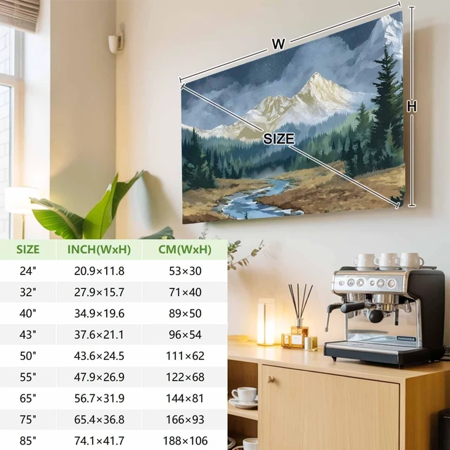 Alt view image 3 of 5 - Snow Mountain TV Cover Indoor Elastic TVs Screen Protector, Farmhouse Green Forest Monitor Covers Inside Dust Proof Slipcover, Blue Sky River Modern 65 Inch TV Cover for Flat or Curved TVs