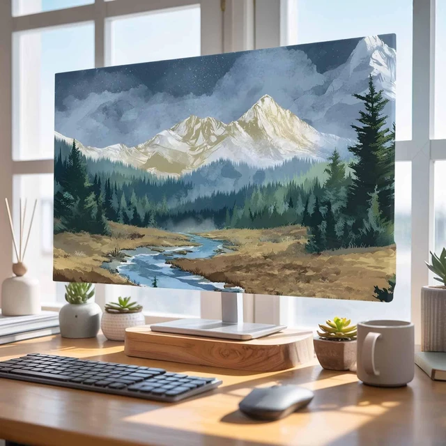 Alt view image 4 of 5 - Snow Mountain TV Cover Indoor Elastic TVs Screen Protector, Farmhouse Green Forest Monitor Covers Inside Dust Proof Slipcover, Blue Sky River Modern 65 Inch TV Cover for Flat or Curved TVs