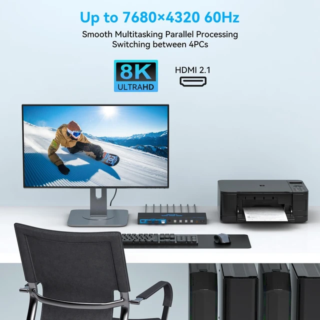 Alt view image 3 of 5 - 4K120Hz KVM Switch 4 Computers 1 Monitor HDMI 8K KVM Switches 4 Port Share Single Monitor and 4 USB 3.0 Devices Such as Mouse, Keyboard, Printer, Comes with EDID Function and a Controller