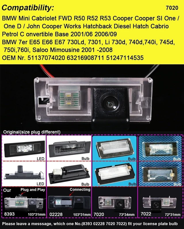Alt view image 2 of 5 - 18mm AHD Pro Rear-View License Plate Car Reverse Camera for BMW Mini Cooper Kombi Limousine R55 R56/Convertible Cabrio R52/Cooper Cabriolet R57/Coupe R58/Roadster R59/S Hardtop R56/One Ray G 55kw