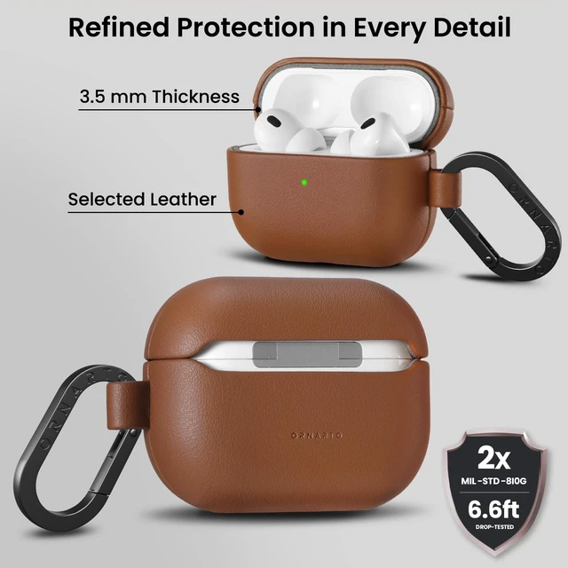 Alt view image 3 of 5 - ORNARTO for AirPods Pro 3 Case, Vegan Leather Cover, Dark Brown