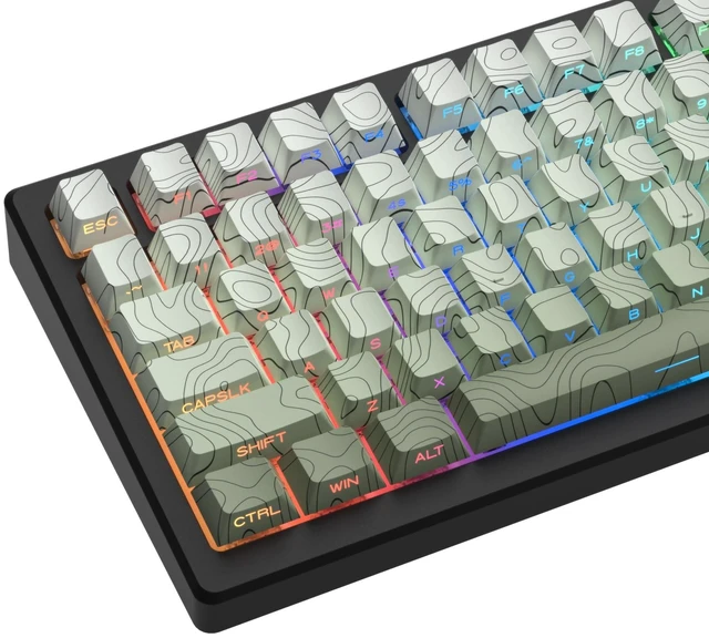 Main image of Womier PBT Keycaps Set 130 Keys, Custom White Japanese Keyboard Doubleshot Dye Sub Side Print Shine Through Keycaps 60 65 75 100 Percent, Cherry Profile, Gradient Green Topographic