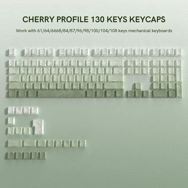 Alt view image 2 of 5 - Womier PBT Keycaps Set 130 Keys, Custom White Japanese Keyboard Doubleshot Dye Sub Side Print Shine Through Keycaps 60 65 75 100 Percent, Cherry Profile, Gradient Green Topographic