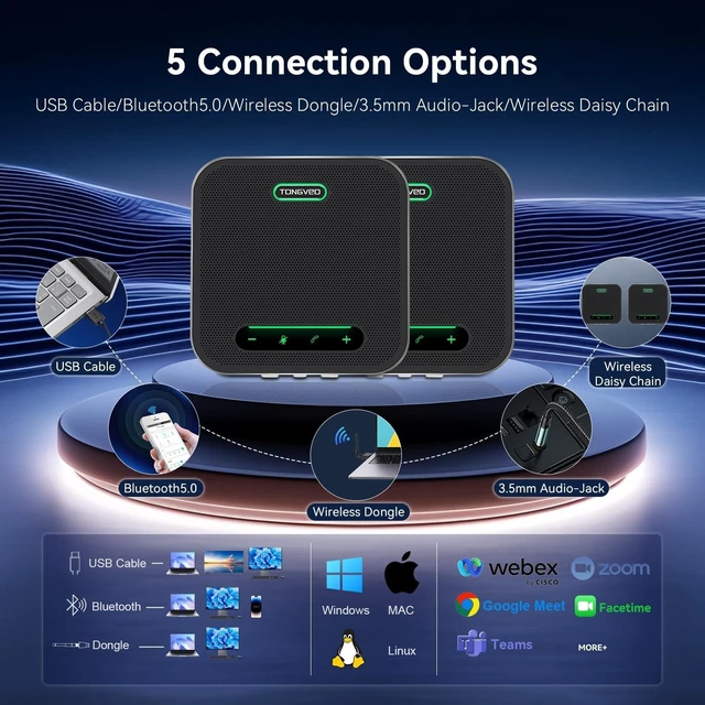 Alt view image 5 of 5 - Wireless Conference Speaker and Microphone, 2-in-1 Daisy Chain Bluetooth Speakerphone with 4 Mics Arrays and 360 Voice Pickup and Noise Reduction,Bluetooth/USB/Dongle connection Methods for 30