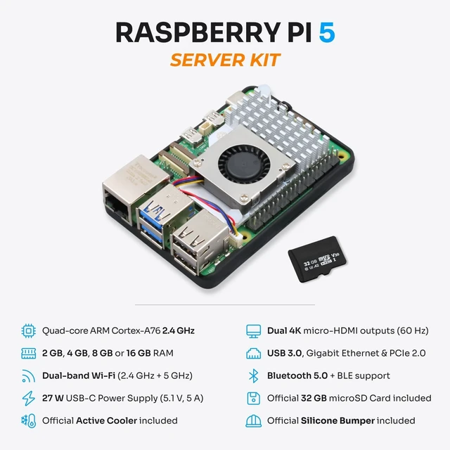 Alt view image 3 of 5 - PiiKit Starter Kit for Raspberry Pi 5 2 GB - Server Edition ^^ 32 GB MicroSD Card ^^ 27 W Power Supply ^^ Active Cooler ^^ Silicone Bumper