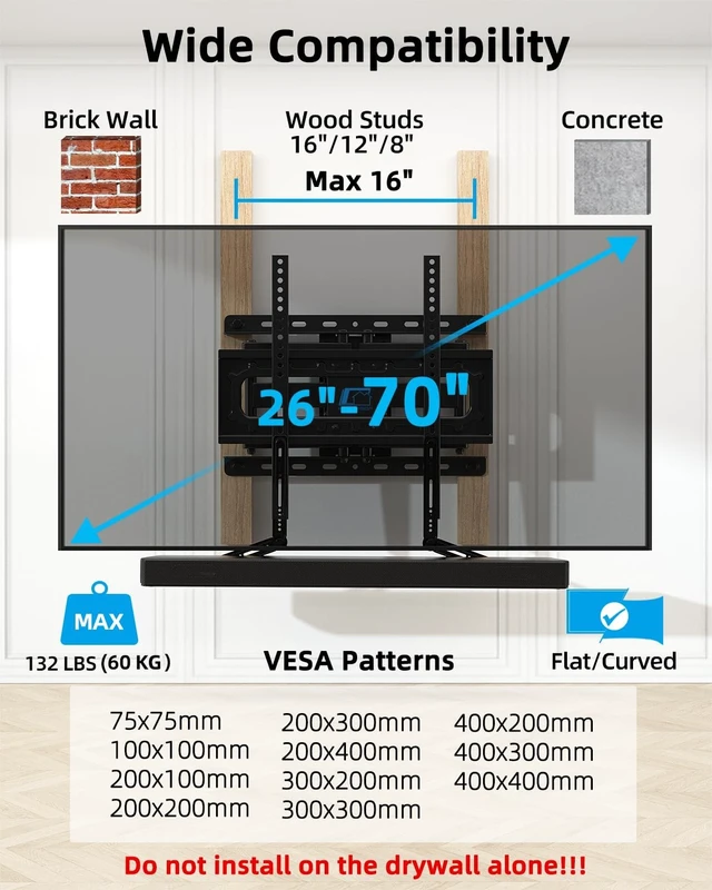 Alt view image 3 of 5 - HOME VISION Full Motion TV Mount Soundbar Bundle for 26-70" TVs, 132 lbs