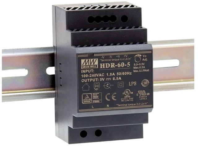 Main image of MEAN WELL HDR-60-5 Ultra Slim Step Shape 3SU DIN Rail Power Supply, 5 Volt, 6.5 Amp, 32.5 Watt