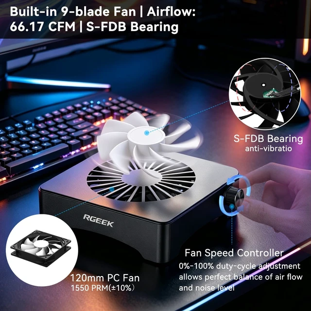 Alt view image 2 of 5 - Quiet USB Computer Fan, RGB Mini PC Cooling Fan Base, with Speed Controller