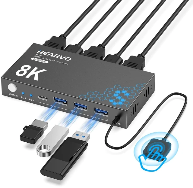 Main image of Hearvo USB 3.0 HDMI KVM Switch for 2 Computers 1 Monitor, 8K@60Hz, S7229H