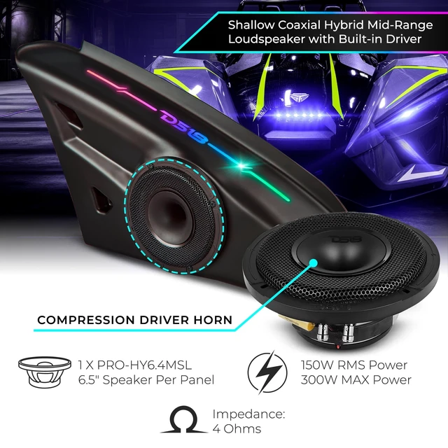 Alt view image 3 of 5 - DS18 Loaded Armrest Speaker Panels for Polaris Slingshot ^^ 2 x 6.5 Shallow Coaxial Hybrid Mid-Range Loudspeaker with Built-in Driver & Digital LED Lights ^^ OEM Fit - 2015 to Current