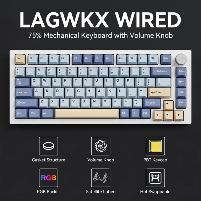 Alt view image 2 of 5 - LAGWKX 75% Wired Gaming Mechanical Keyboard with Volume Knob, Gasket Mount Hot Swappable Keyboard, Pre-lubed Linear Switch, RGB Backlit, PBT Keycaps (White)
