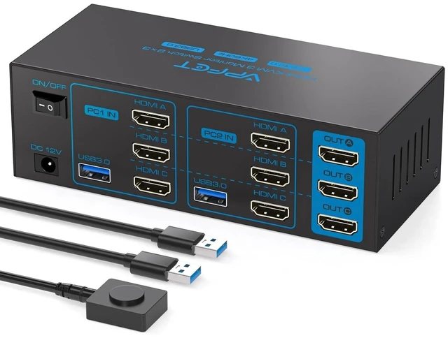 Main image of TIGKTING KVM Switch 3 Monitors 2 Computers HDMI 4K60Hz USB3.0 KVM Switch 2 Ports for 2 Computers Sharing Triple Monitor and 4 USB Devices Support Extended & Copy Mode with 2 USB Cables