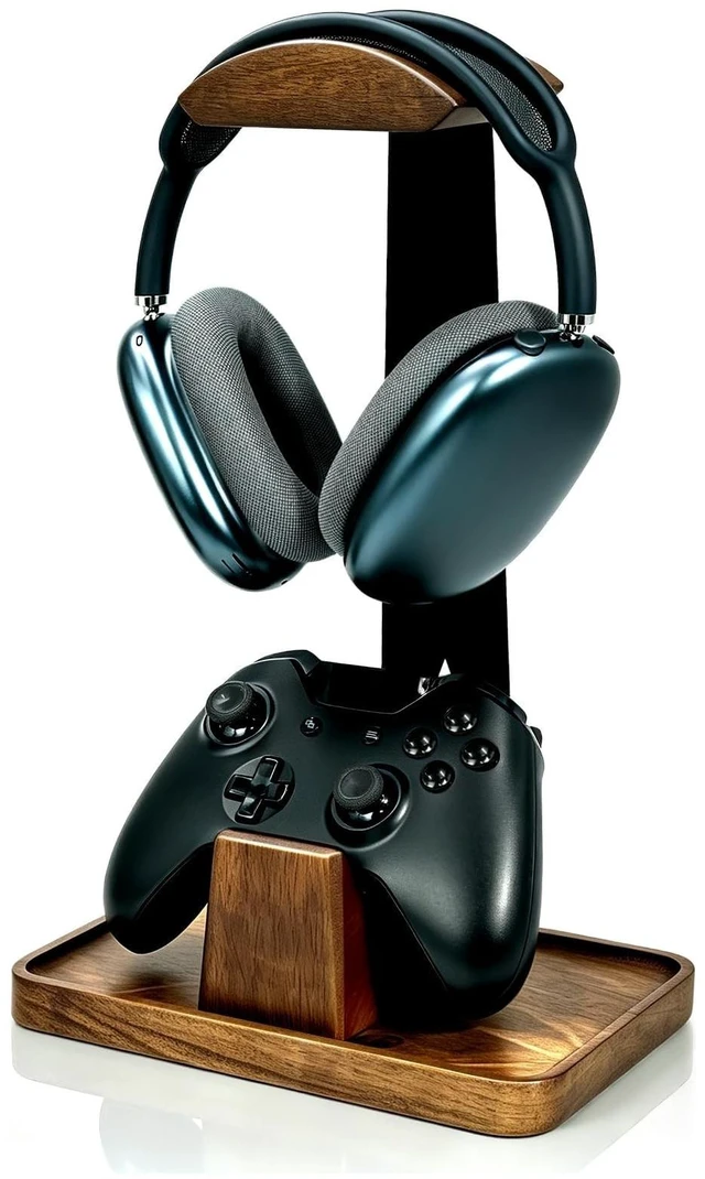 Main image of GEVO Headphone Stand with Controller Holder & Storage Base, Walnut Wood