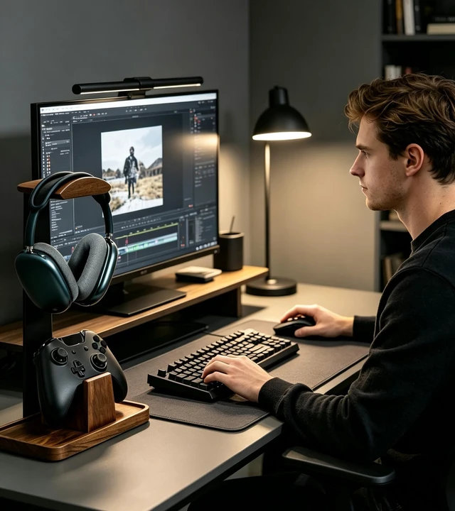 Alt view image 3 of 5 - GEVO Headphone Stand with Controller Holder & Storage Base, Walnut Wood