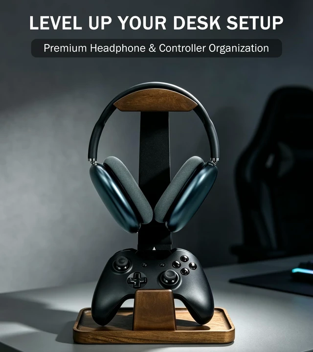 Alt view image 2 of 5 - GEVO Headphone Stand with Controller Holder & Storage Base, Walnut Wood
