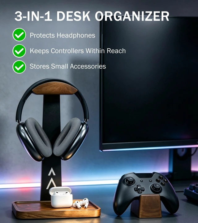 Alt view image 5 of 5 - GEVO Headphone Stand with Controller Holder & Storage Base, Walnut Wood
