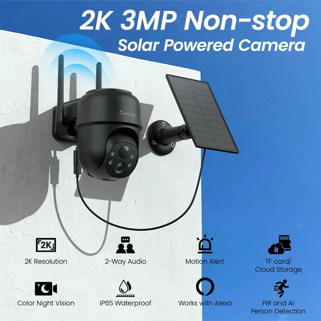 Alt view image 2 of 5 - Cinnado 2K Wireless Cameras for Home Security Solar Powered Black B6 1Pack