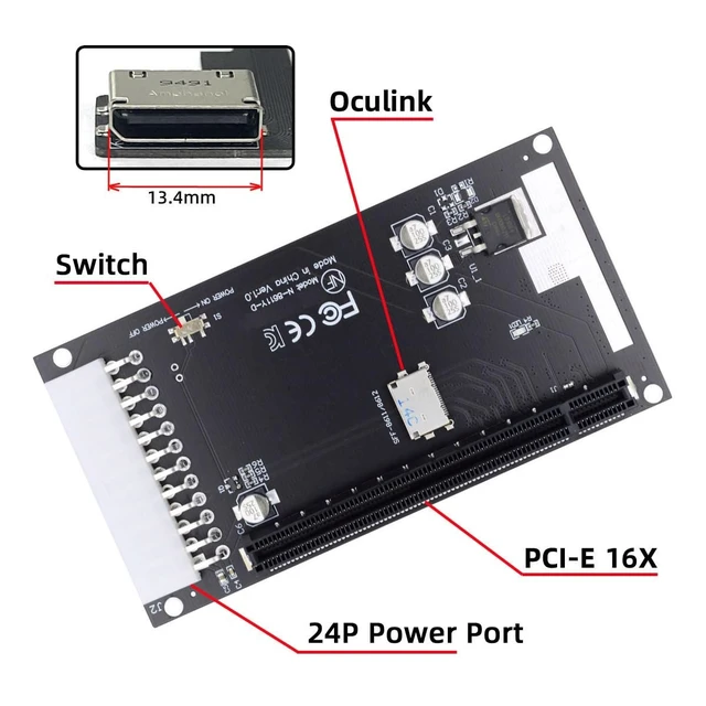 Alt view image 2 of 5 - CY 4X Oculink SFF-8612 SFF-8611 Female to PCIE PCI-Express 16x Adapter with ATX 24pin Power Port for Mainboard Graphics Card