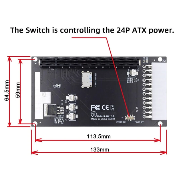 Alt view image 3 of 5 - CY 4X Oculink SFF-8612 SFF-8611 Female to PCIE PCI-Express 16x Adapter with ATX 24pin Power Port for Mainboard Graphics Card