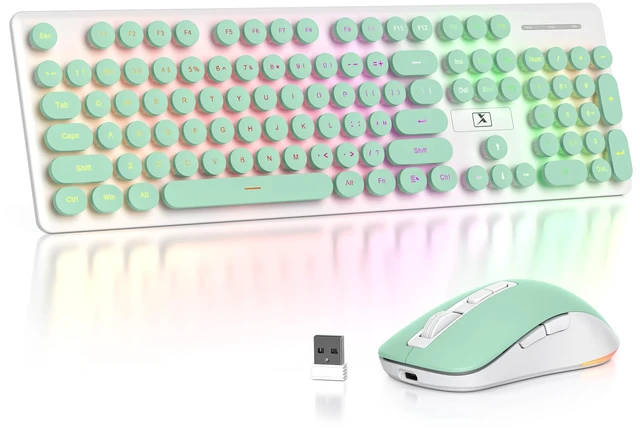 Main image of Owpkeenthy Cute Wireless Keyboard and Mouse Backlit, Rechargeable Full-Sized Keyboard with Number Pad Quiet Typewriter 2.4G Plug and Play, Auto Sleep for Home Office Light Green