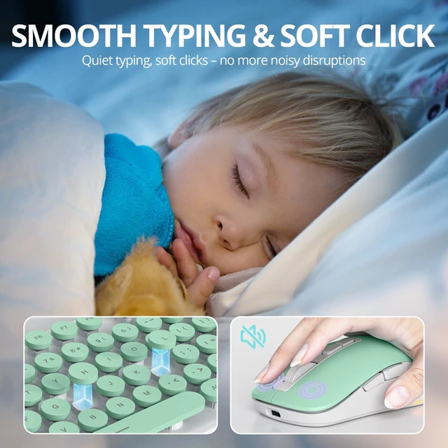 Alt view image 5 of 5 - Owpkeenthy Cute Wireless Keyboard and Mouse Backlit, Rechargeable Full-Sized Keyboard with Number Pad Quiet Typewriter 2.4G Plug and Play, Auto Sleep for Home Office Light Green