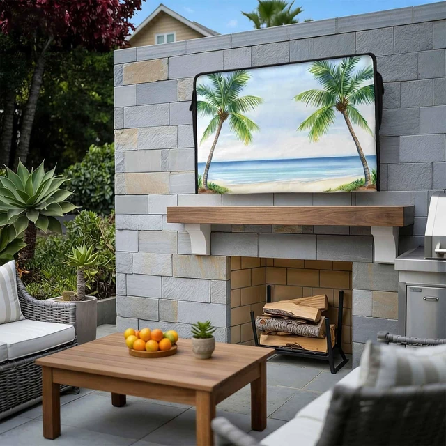 Alt view image 3 of 5 - Waterproof Outdoor TV Cover 52 to 55 Inch, Seaside Beach Palm Trees Outside Flat Screen Televisions Weatherproof Cover Size 52"L x 30"H, Summer Tropical Ocean TV Protector With Zipper
