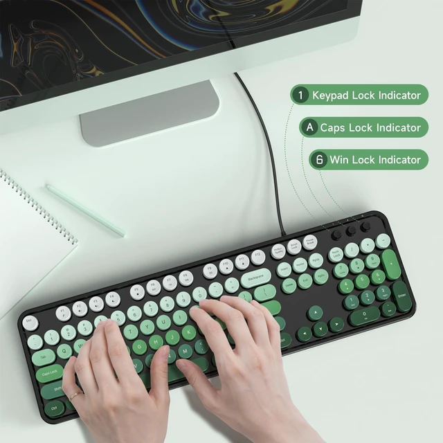 Alt view image 4 of 5 - Dliter Wired Keyboard, 104 Keys Full Size Typewriter Keyboards, USB Plug and Play Office Keyboard with Number Pad, Caps Indicators, Foldable Stands for Windows, PC, Laptop (Black Green)