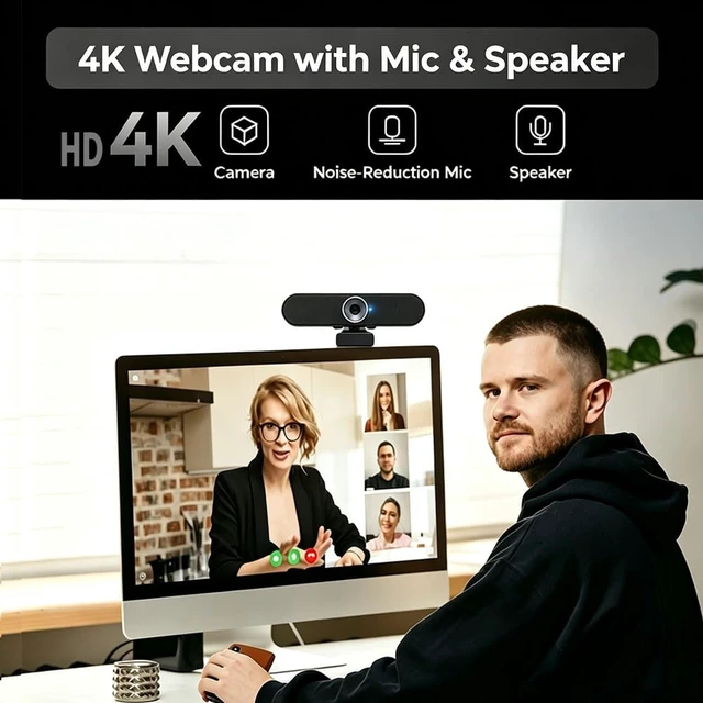 Alt view image 2 of 5 - Meeasier 3-in-1 4K Webcam with AI Auto Tracking, Built-in Noise Reduction Mic & Powerful Camera Speaker, 90 FOV, 1/2.7 CMOS Sensor, Privacy Lens Cover, USB, Type, for Meeting Live Streaming