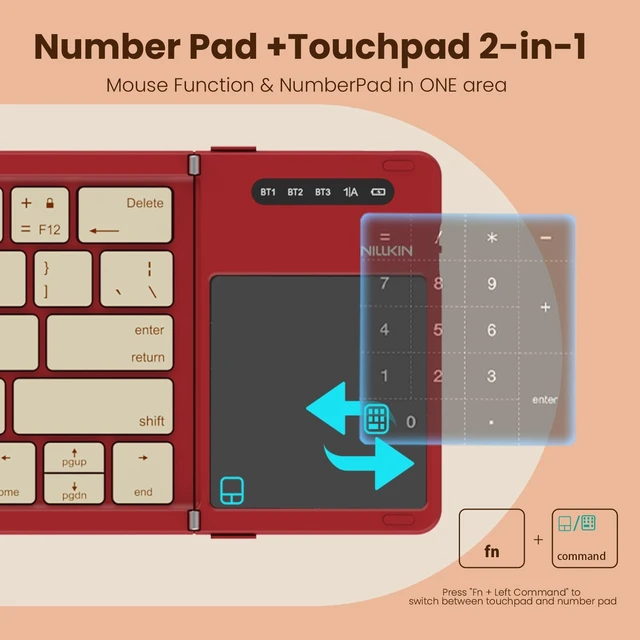 Alt view image 3 of 5 - Nillkin Pocket Foldable Wireless Keyboard with Touchpad Numerical Pad for Trip Travel Meeting for Tablets Fold Phone Laptop PC, Full Size (Small) Magnetic Folding Keyboard (Passion Red)