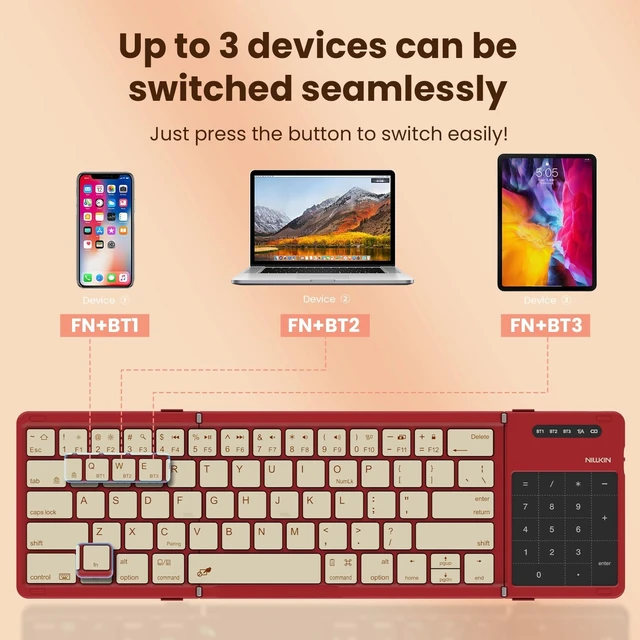 Alt view image 2 of 5 - Nillkin Pocket Foldable Wireless Keyboard with Touchpad Numerical Pad for Trip Travel Meeting for Tablets Fold Phone Laptop PC, Full Size (Small) Magnetic Folding Keyboard (Passion Red)