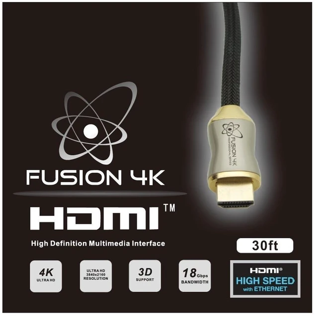 Main image of Fusion4k 4K HDMI Cable 30 Feet - High Speed 18Gbps ^^ 4K@60Hz 2K@144Hz 1080p@240Hz ^^ HDR ARC Dolby Atmos ^^ Braided Cord for PS5, Xbox Series X, Apple TV, Roku, Soundbar, Gaming Monitor, CL3 Rated