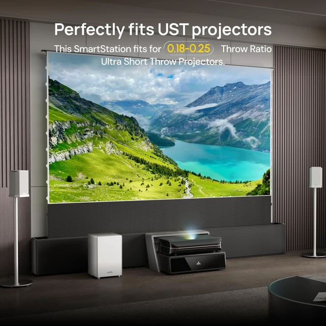 Alt view image 3 of 5 - AWOL RGB Glow Station, 120" Universal UST Projector Stand/Base with RGB Ambient Lighting, Remote-Control LED, Cable Management & 4-Outlet Power, Fits Most Ultra-Short-Throw Projectors
